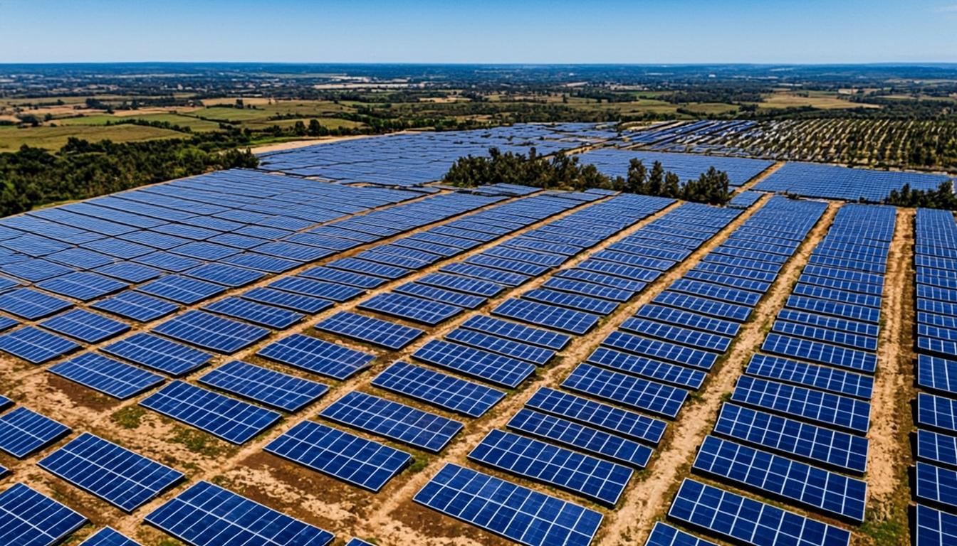 Large solar farm aerial view — utility scale solar installation in India